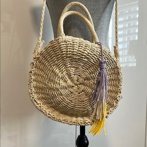 MARI NWT Tan Raffia Woven Crossbody Top Handle Bag with Tassel